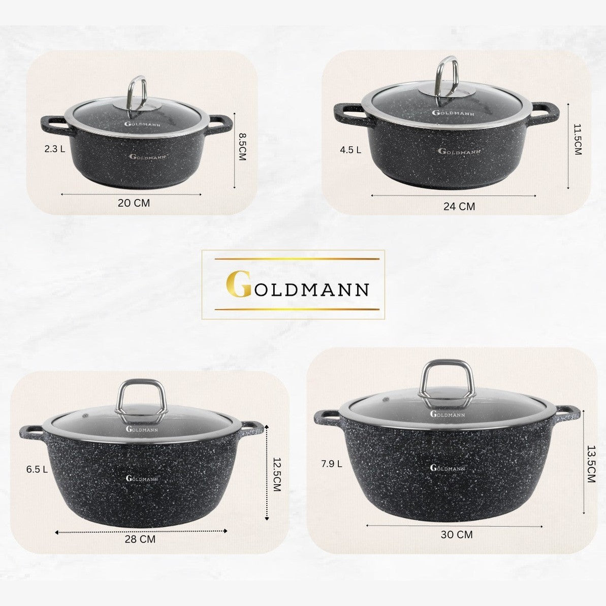 סיר Goldmann מאלומיניום יצוק 36 ס"מ, 13.5 ליטר – ציפוי קרמי נון-סטיק עם מכסה זכוכית
