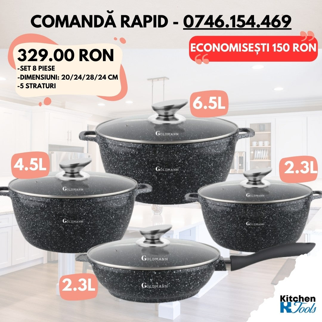 סט בישול Goldmann 8 חלקים – 3 סירים + מחבת עם מכסים, ציפוי קרמי נון-סטיק