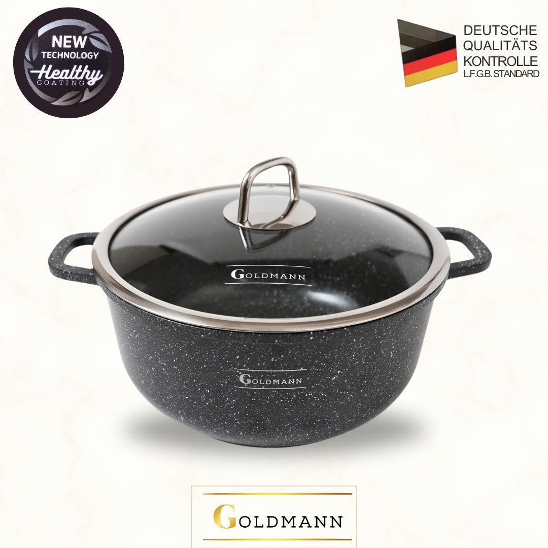 סיר Goldmann מאלומיניום יצוק 36 ס"מ, 13.5 ליטר – ציפוי קרמי נון-סטיק עם מכסה זכוכית