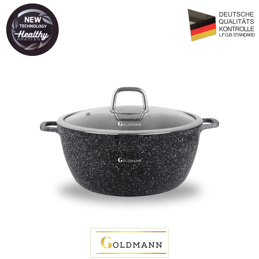 סיר Goldmann מאלומיניום יצוק 36 ס"מ, 13.5 ליטר – ציפוי קרמי נון-סטיק עם מכסה זכוכית