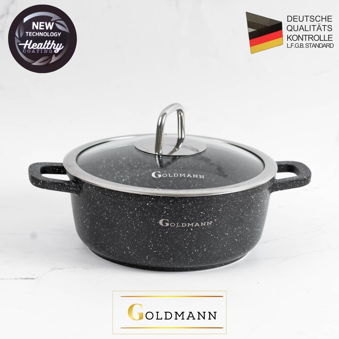 סיר Goldmann מאלומיניום יצוק 32 ס"מ, 9.9 ליטר – ציפוי קרמי נון-סטיק עם מכסה זכוכית