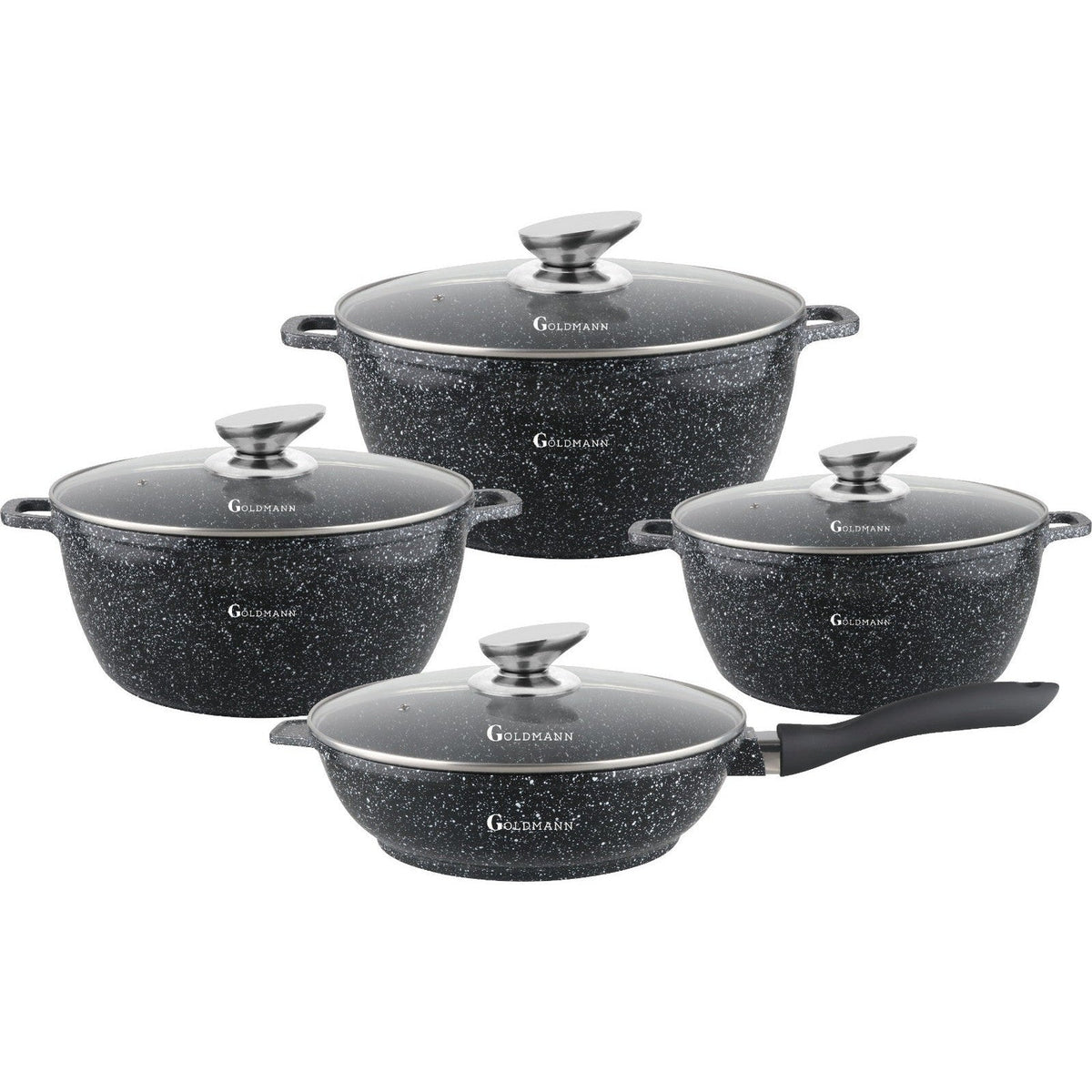 סט בישול Goldmann 8 חלקים – 3 סירים + מחבת עם מכסים, ציפוי קרמי נון-סטיק