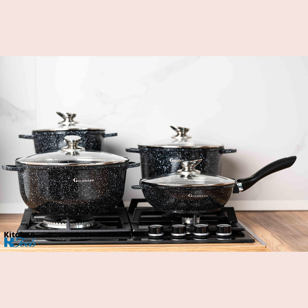 סט בישול Goldmann 8 חלקים – 3 סירים + מחבת עם מכסים, ציפוי קרמי נון-סטיק